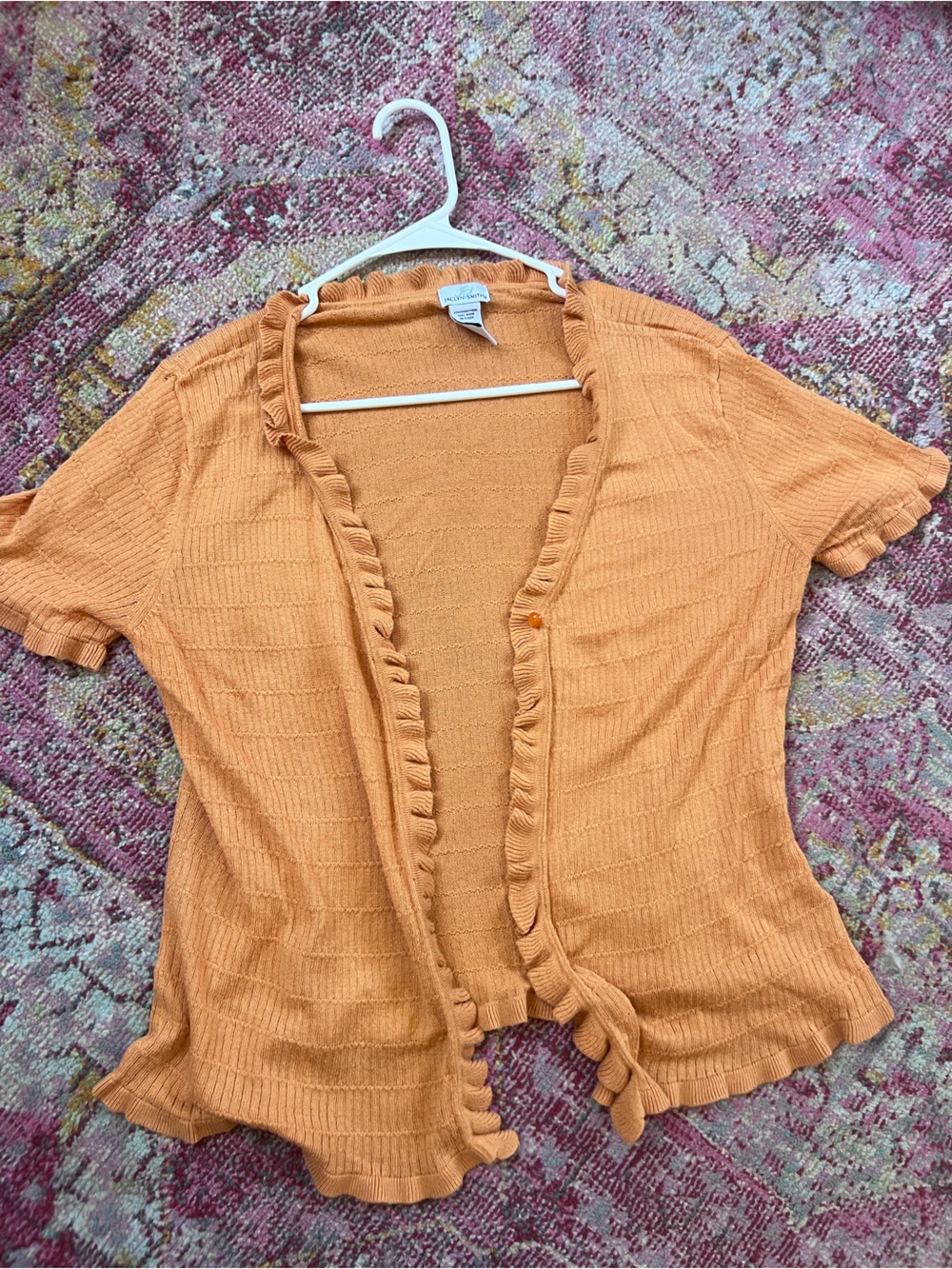 Vintage Jaclyn Smith Orange Short Sleeve Ruffle Knit Cardigan Sweater Size L